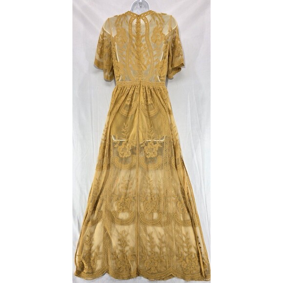 Honey Punch Womens Lace Maxi Romper Sheer V-Neck Dress Yellow Size S Fairy Boho - Picture 2 of 15